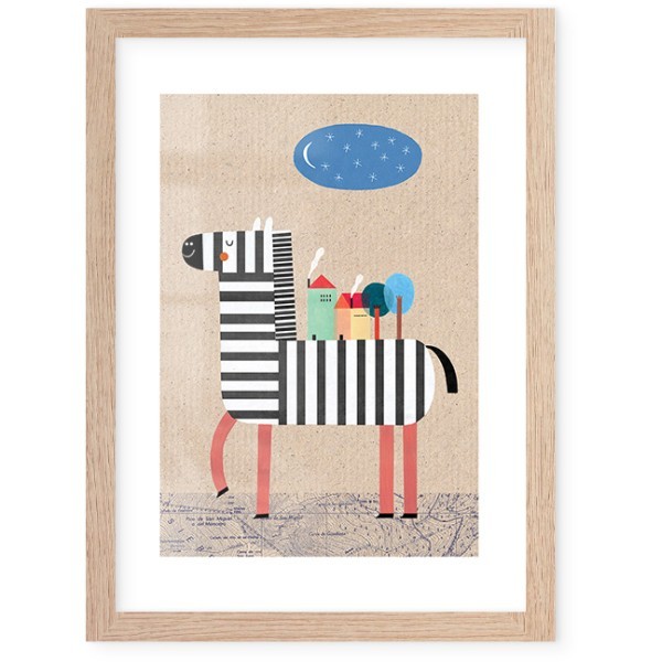 Happy Zebra Poster Με Ξύλινη Φυσική Κορνίζα 15x20cm