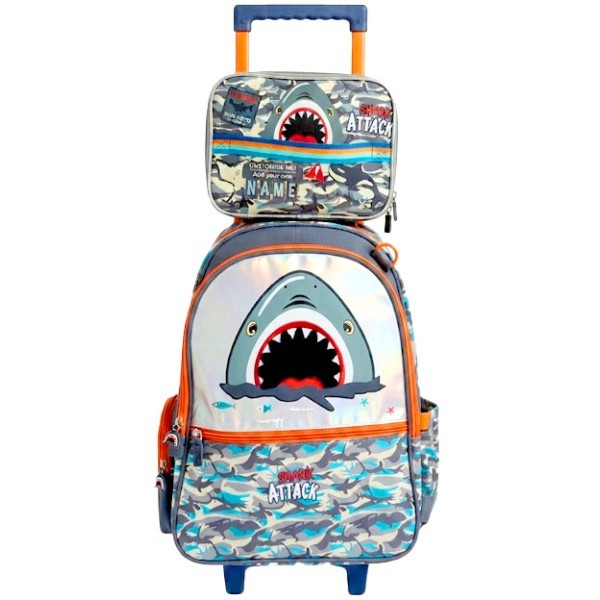 Vest Shark Attack Σετ Σχολική Τροχήλατη Τσάντα 47,5x31x15cm Με Τσάντα Φαγητού 24,5x18,5x7,3cm