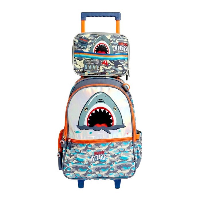Vest Shark Attack Σετ Σχολική Τροχήλατη Τσάντα 47,5x31x15cm Με Τσάντα Φαγητού 24,5x18,5x7,3cm