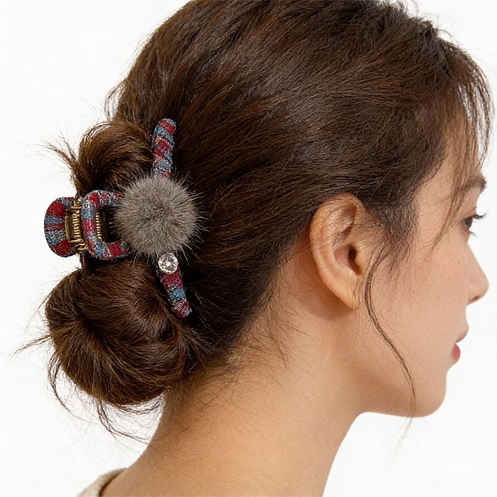 Fur Clip Κλάμερ Κοκάλινο Καρό Με Γουνάκι 13cm