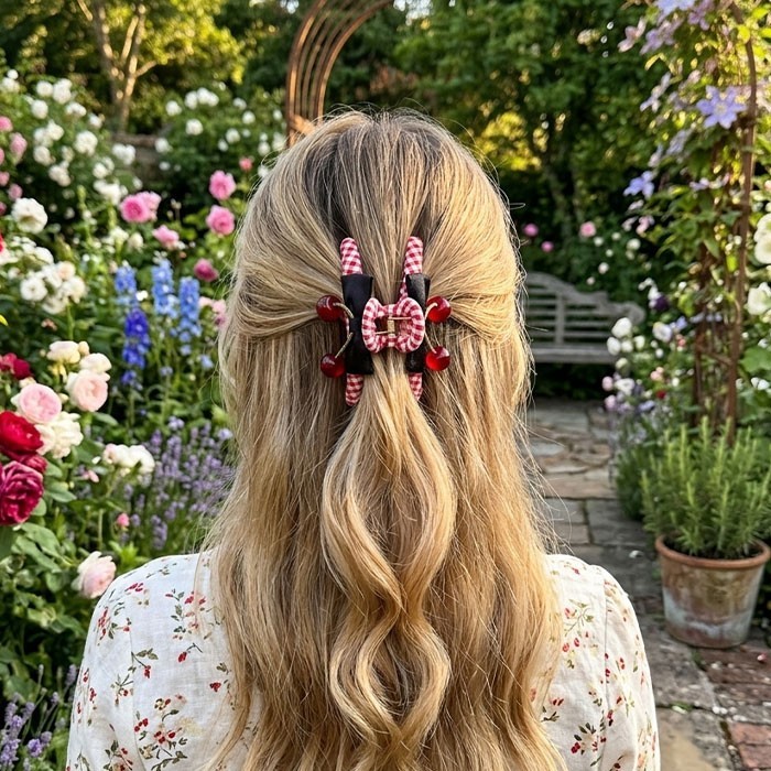 Cherry Clip Κλάμερ Κοκάλινο Καρό Με Κεράσια Κόκκινο 13cm