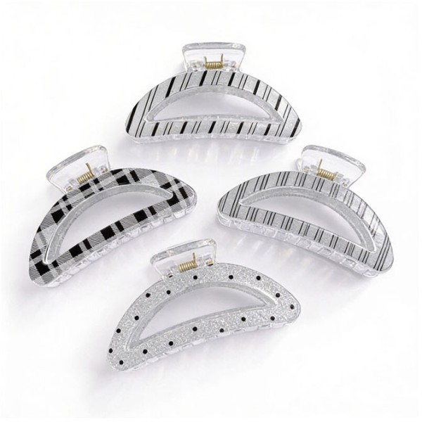 Clear Moon Claw Κλάμερ Κοκάλινο Μισοφέγγαρο Διάφανο 9cm Καρό Λεπτές Ρίγες