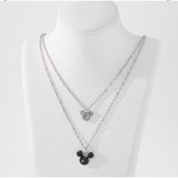 Double Mickey Διπλό Παιδικό Κολιέ Αλυσίδας 45cm Ασημί Και Μαύρο