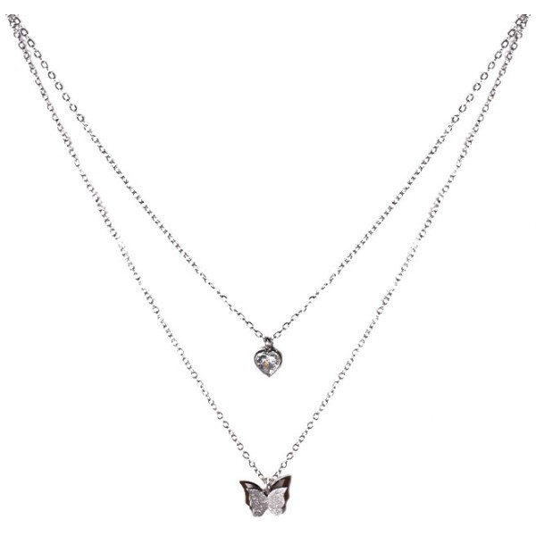 Double Fly Διπλό Παιδικό Κολιέ Αλυσίδας 45cm Ασημί Με Καρδιά Και Πεταλούδα