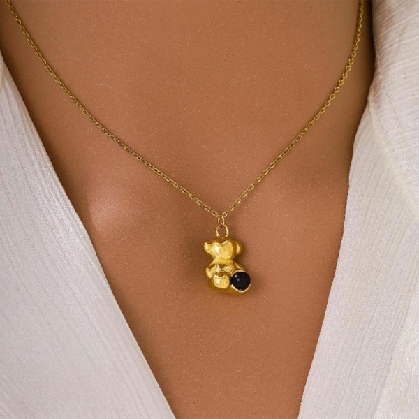 Mini Bear Παιδικό Κολιέ Αλυσίδας 45cm Χρυσό Αρκουδάκι Με Μαύρη Πέτρα