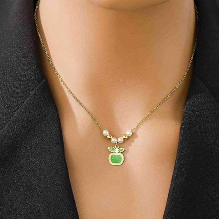 Apple Παιδικό Κολιέ Αλυσίδας 45cm Χρυσό Και Πράσινο Μήλο 