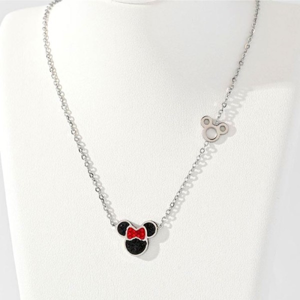 Sweet Minnie Παιδικό Κολιέ Αλυσίδας 45cm Ασημί Με Κόκκινα Και Μαύρα Στρας