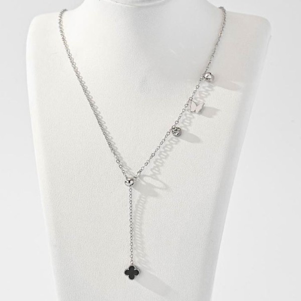 Cross Παιδικό Κολιέ Αλυσίδας 45cm Ασημί Με Μαύρα Στοιχεία Και Στρας