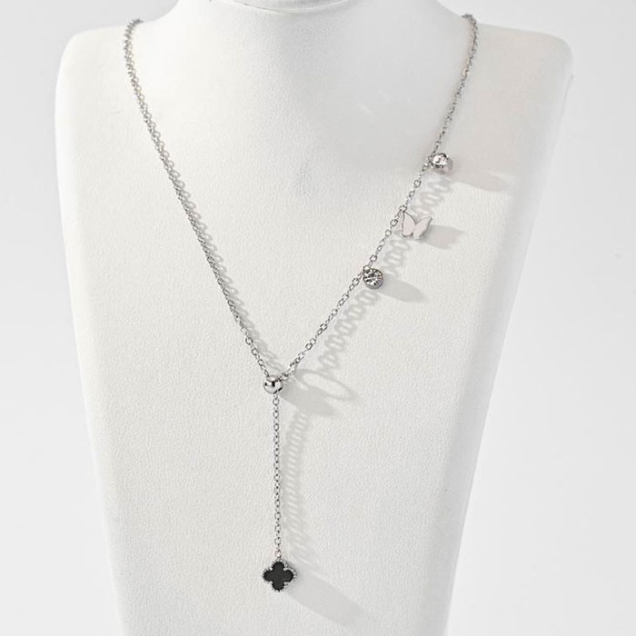 Cross Παιδικό Κολιέ Αλυσίδας 45cm Ασημί Με Μαύρα Στοιχεία Και Στρας