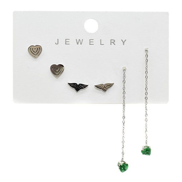 Fashion Παιδικά Σκουλαρίκια 3 Σετάκια Ασημί Με Πράσινες Καρδιές