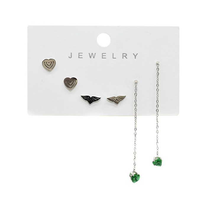 Fashion Παιδικά Σκουλαρίκια 3 Σετάκια Ασημί Με Πράσινες Καρδιές