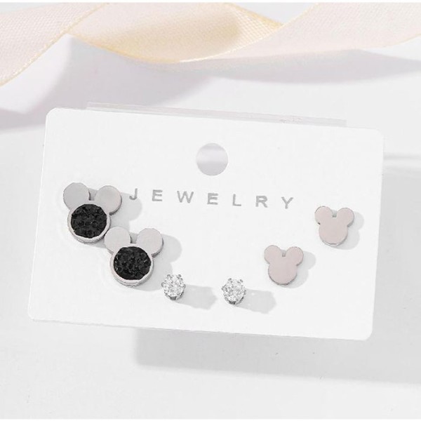 Mickey Mouse Παιδικά Σκουλαρίκια 3 Σετάκια Ασημί Με Μαύρα Στρας 