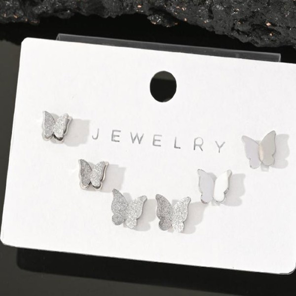 Shiny Παιδικά Σκουλαρίκια Πεταλούδες Με Ανάγλυφη Και Γυαλιστερή Υφή 3 Σετάκια Ασημί
