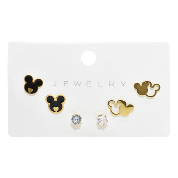 Double Mickey Παιδικά Σκουλαρίκια Μίκυ 3 Σετάκια Χρυσά Με Μαύρο Και Στρας