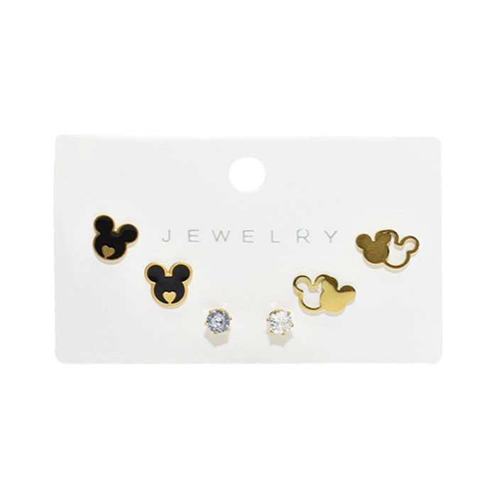 Double Mickey Παιδικά Σκουλαρίκια Μίκυ 3 Σετάκια Χρυσά Με Μαύρο Και Στρας