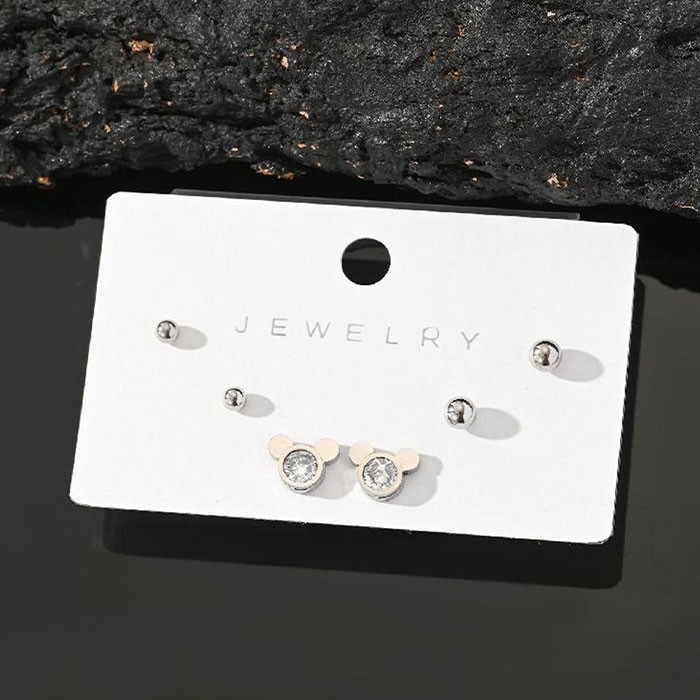 Mouse Strass Παιδικά Σκουλαρίκια 3 Σετάκια Ασημί Με Λευκά Ζιρκόν