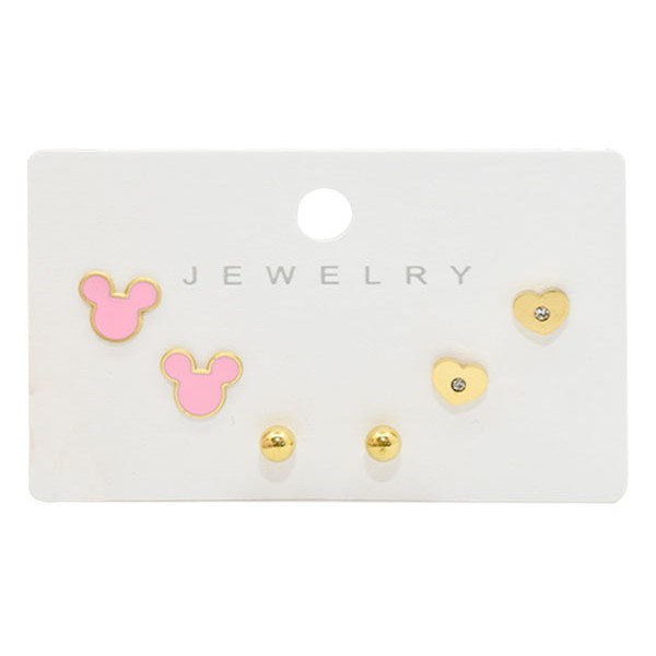Pinky Παιδικά Σκουλαρίκια 3 Σετάκια Με Ροζ Μίκυ Και Χρυσές Καρδιές 