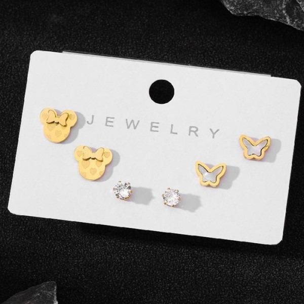 Fly Minnie Παιδικά Σκουλαρίκια 3 Σετάκια Minnie , Πεταλκούδες Χρυσές Και Στρας