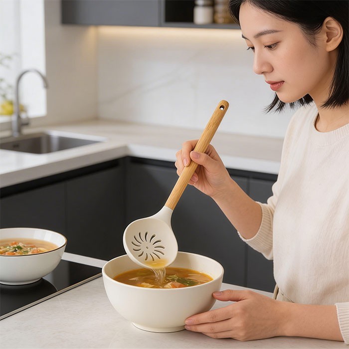 Pop Κουτάλα Συλικόνης Με Τρύπες Ξύλινη Λαβή