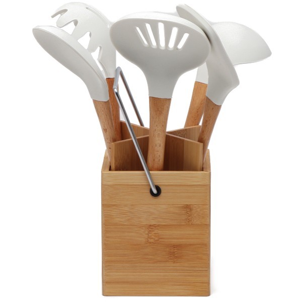 Casasunco Μαγειρικών Σκευών Σιλικόνης 5τεμ Ξύλινη Λαβή Λευκή