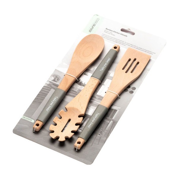 SpoonMix Σετ 3τεμ Ξύλινες Κουτάλες Λαβή Σιλίκόνης Λευκό