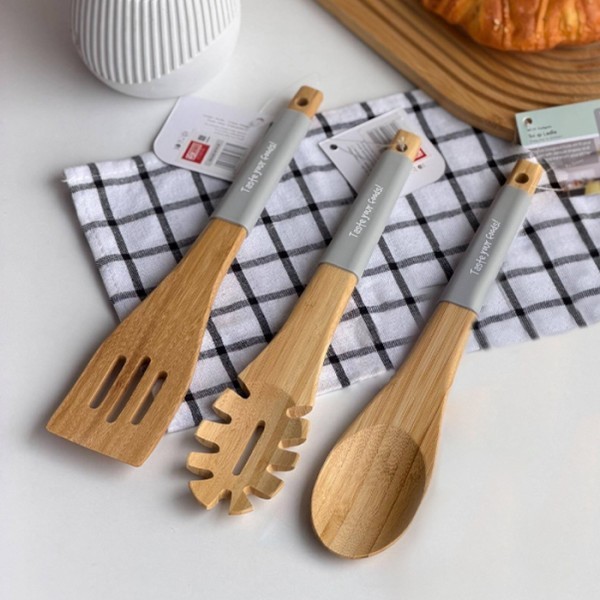 SpoonMix Σετ 3τεμ Ξύλινες Κουτάλες Λαβή Σιλίκόνης Λευκό