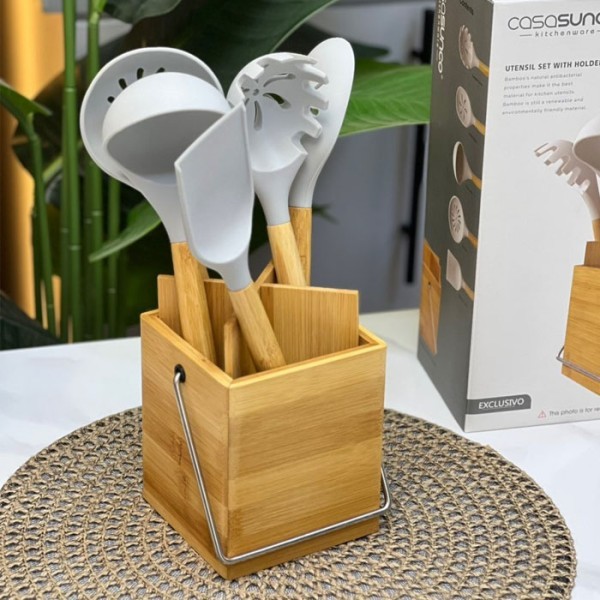 Casasunco Μαγειρικών Σκευών Σιλικόνης 5τεμ Ξύλινη Λαβή Γκρι