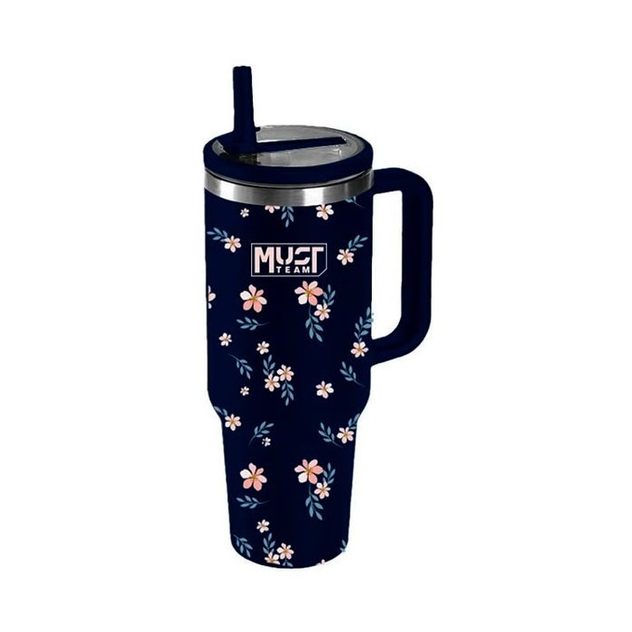 Must Team Ποτήρι Ανοξείδωτο Θερμός 900ml Με Καλαμάκι 22,5x13x7cm Μπλε Φλοράλ