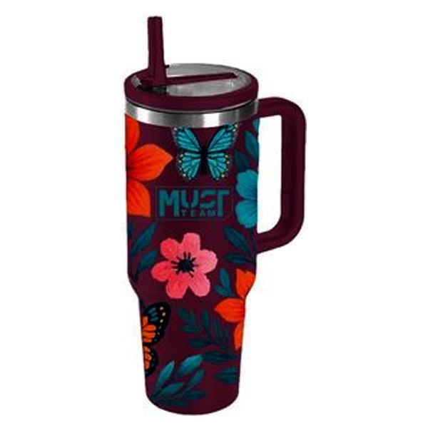 Must Team Ποτήρι Ανοξείδωτο Θερμός 1200ml Με Καλαμάκι 22,5x13x7cm Μπορντώ Φλοράλ