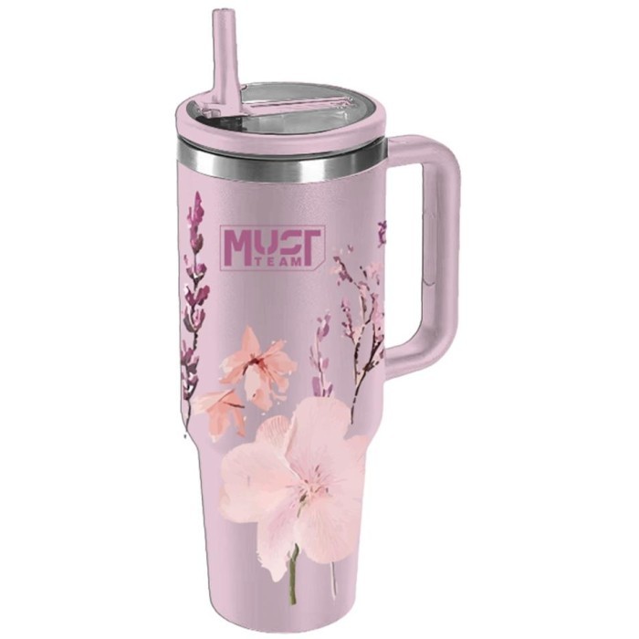 Must Team Ποτήρι Ανοξείδωτο Θερμός 1200ml Με Καλαμάκι 22,5x13x7cm Ροζ Λουλούδι