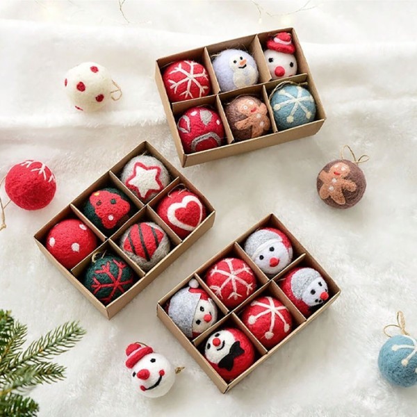 Wool Felt Christmas Balls Χριστουγεννιάτικες Μπάλες Δέντρου Σετ 6τμχ Σχέδια