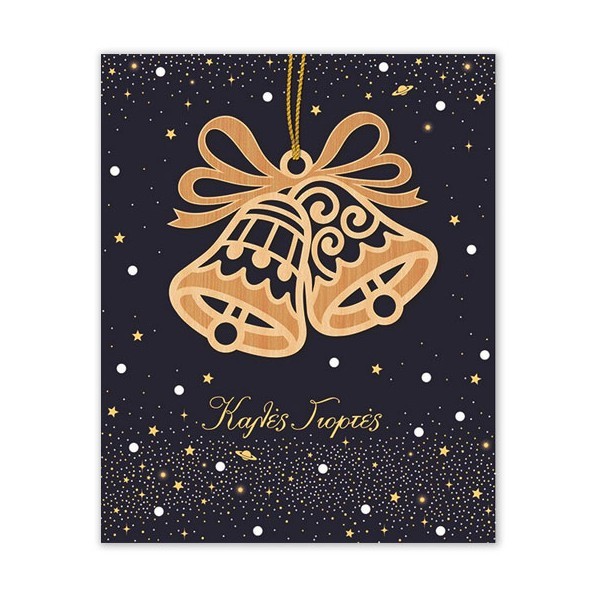 Xmas Hollywood Κάρτα Mε Ξύλινο Κρεμαστό Στολίδι  Καμπάνες