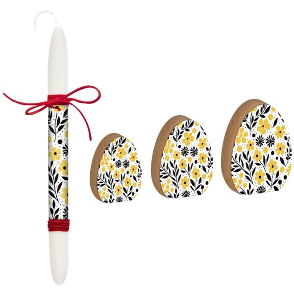 Easter Yellow Black Flowers Πασχαλινό Σετ 3 Αυγά Ξύλινα