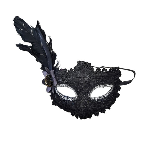 Feather Mask Κοκάλινη Μαύρη Μάσκα Με Δαντέλα 19x22cm