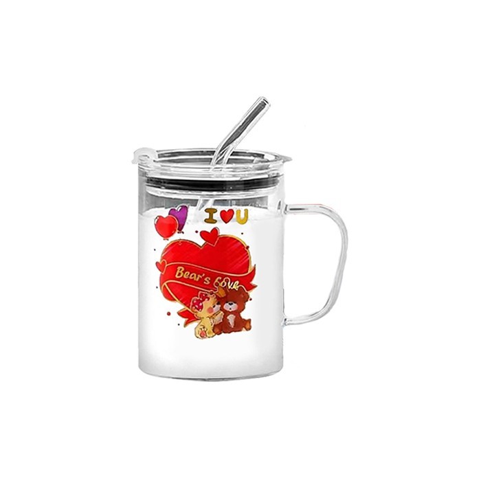 Valentine's Day Cup Γυάλινη Με Καλαμλακι Και Καπάκι 400ml